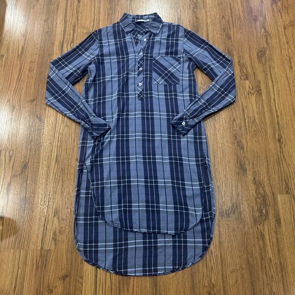Harshman Shirt Dress Womens XS Blue Plaid Side Slits Popover 1/2 Button Down - Picture 1 of 7